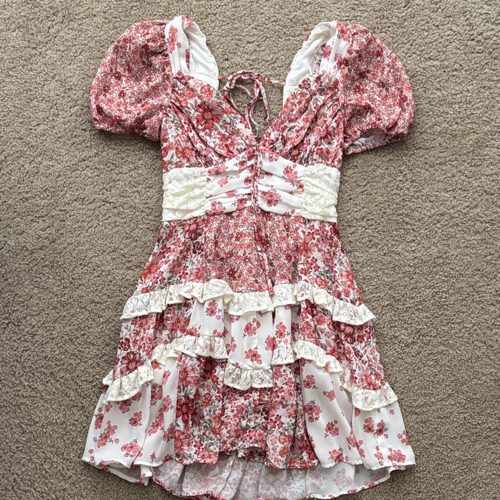 Altar'd State White and Pink Floral Ruffle Mini Dress